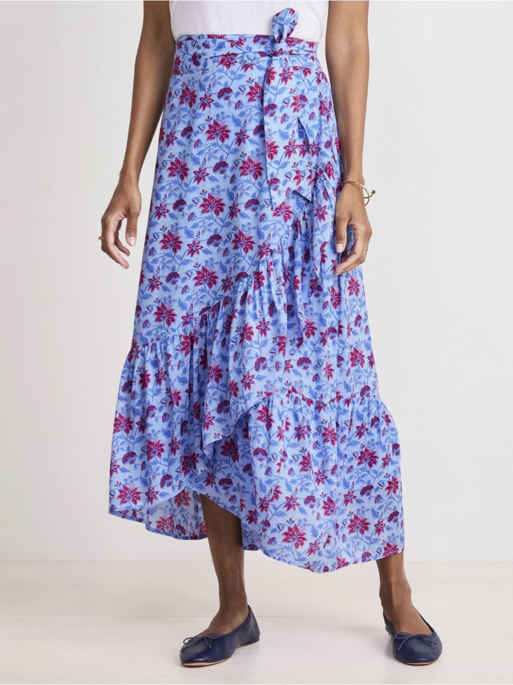 Vineyard Vines Light Blue Floral Mila Wrap Maxi Skirt with Pink and Red Accents